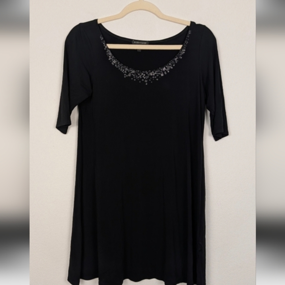 Eileen Fisher 100% silk/black midi Dress Silk beaded sequence Sheath xl